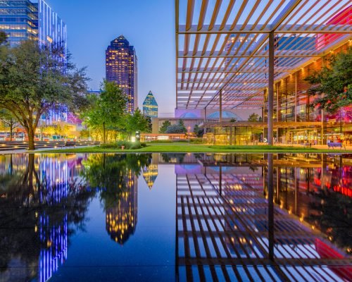 Dallas, Texas, USA downtown cityscape at twilight.